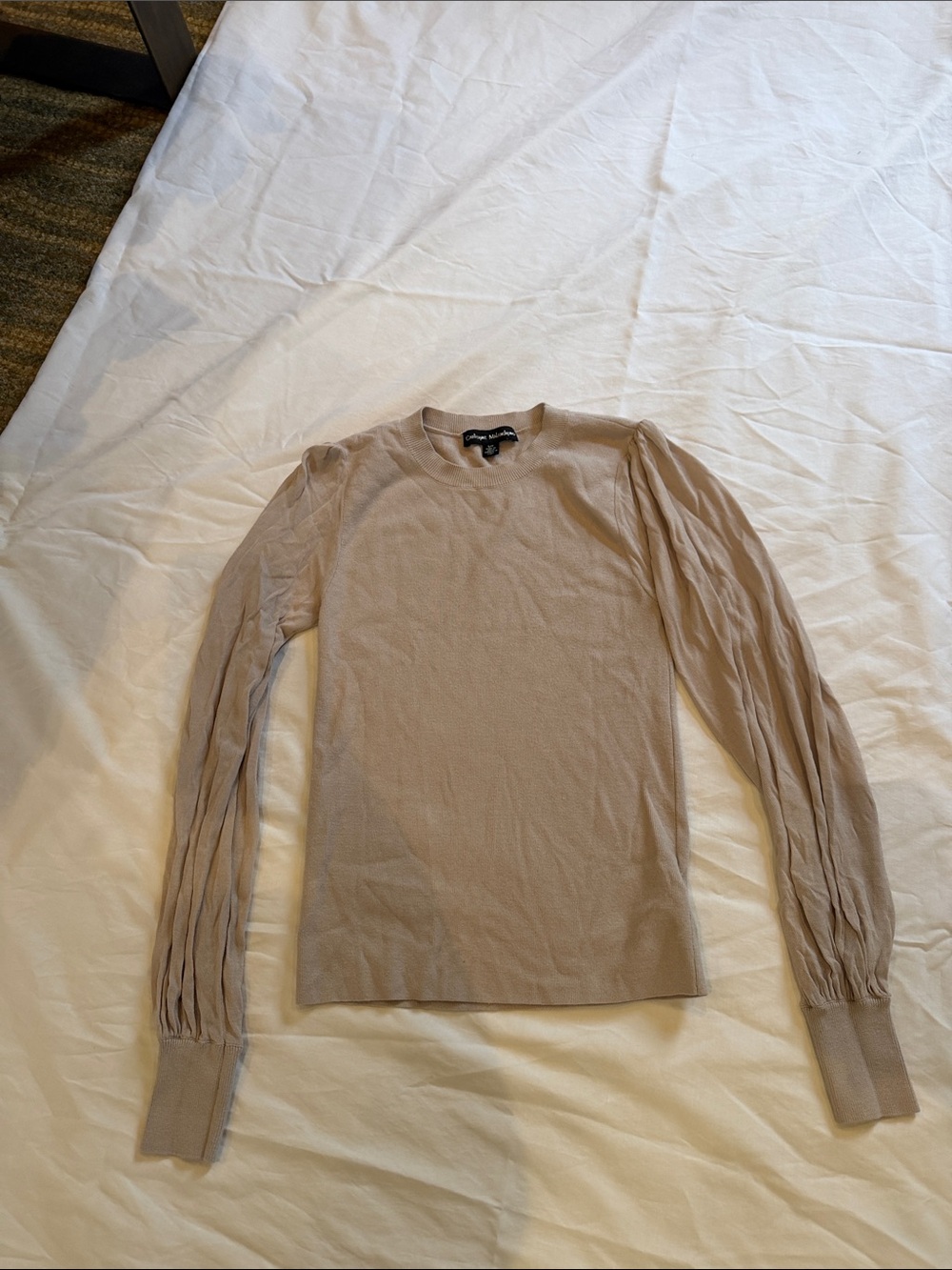 Catherine Malandrino Light Taupe Puffed-Sleeve Crewneck Sweater
